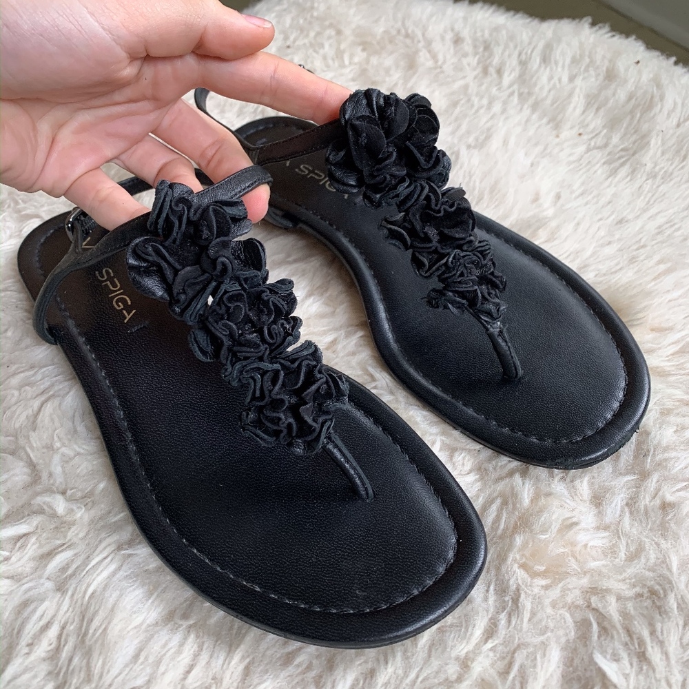 Black Leather Sandals with flower details